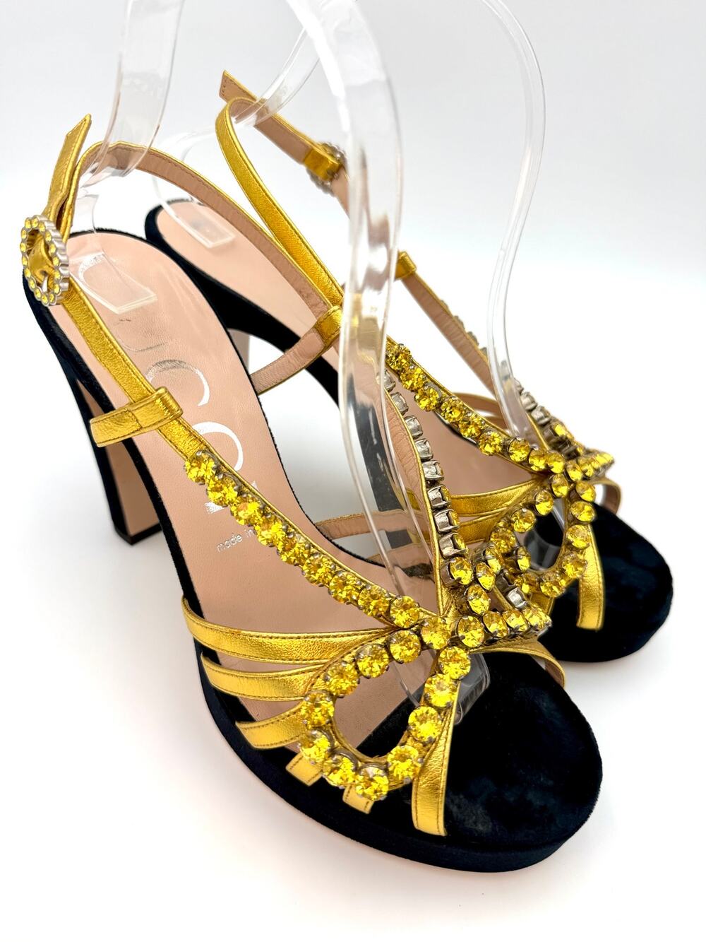 Gucci Zephyra Crystal Slingback Platform Sandals Gold Black Velvet Size 39 / 9